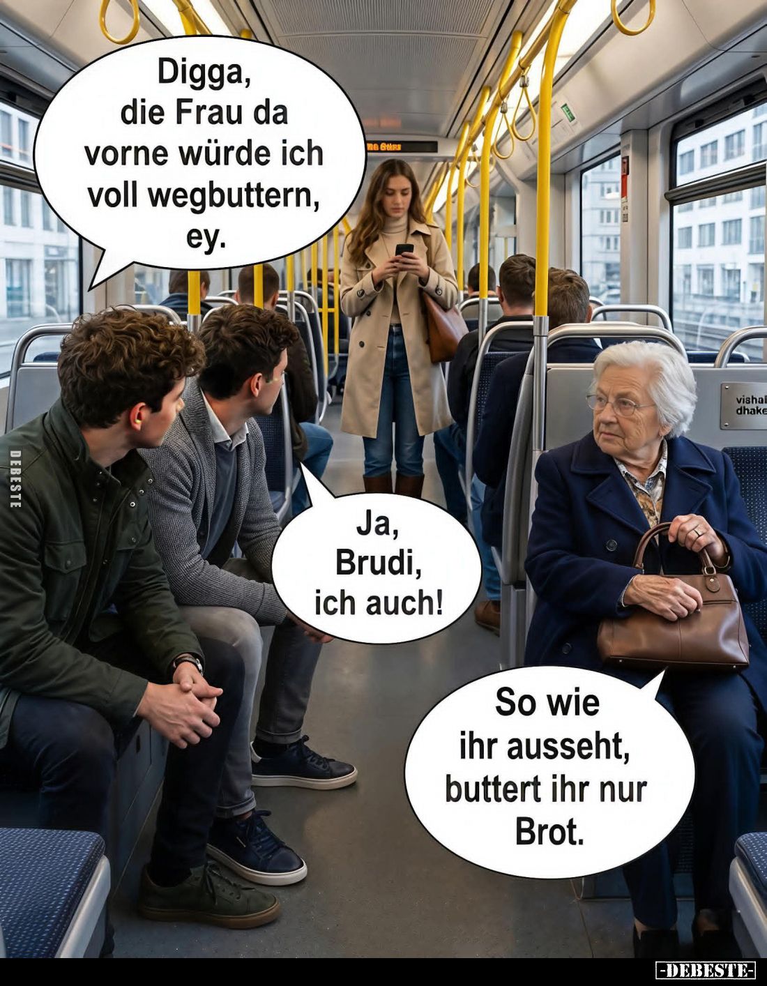 Digga, die Frau da vorne würde ich voll wegbuttern, ey. -
Ja, Brudi, ich auch! -
So wie ihr ausseht, buttert ihr nur Brot....