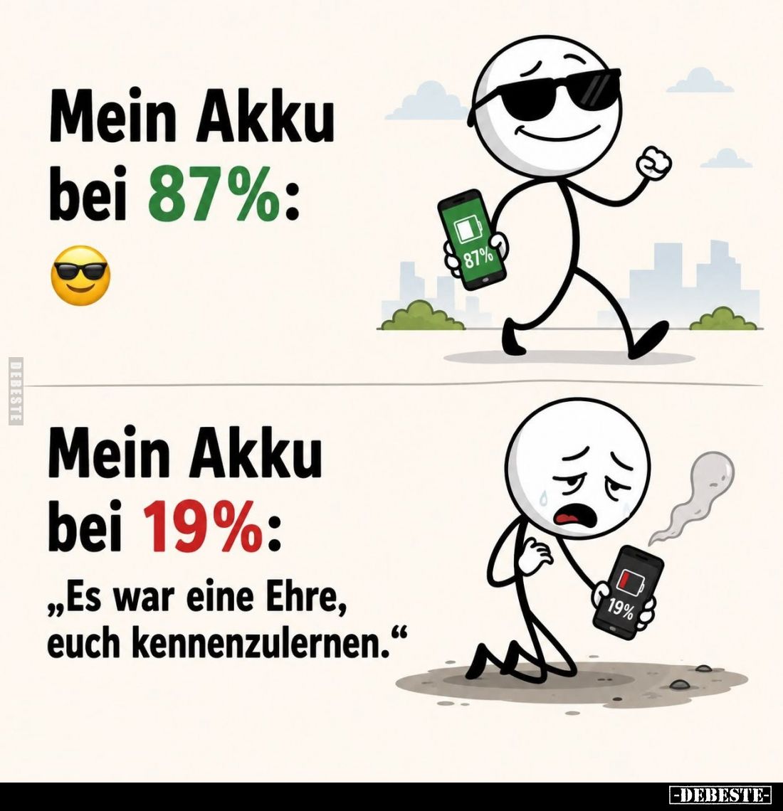 Mein Akku bei 87%:
-
Mein Akku bei 19%: "Es war eine Ehre, euch kennenzulernen."