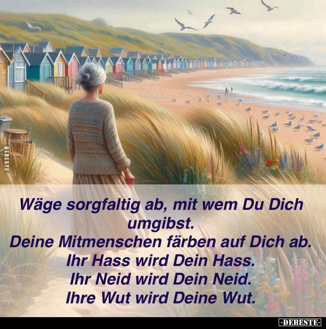 Wäge sorgfältig ab, mit wem Du Dich umgibst.
Deine Mitmenschen färben auf Dich ab.
Ihr Hass wird Dein Hass.
Ihr Neid wird ...
