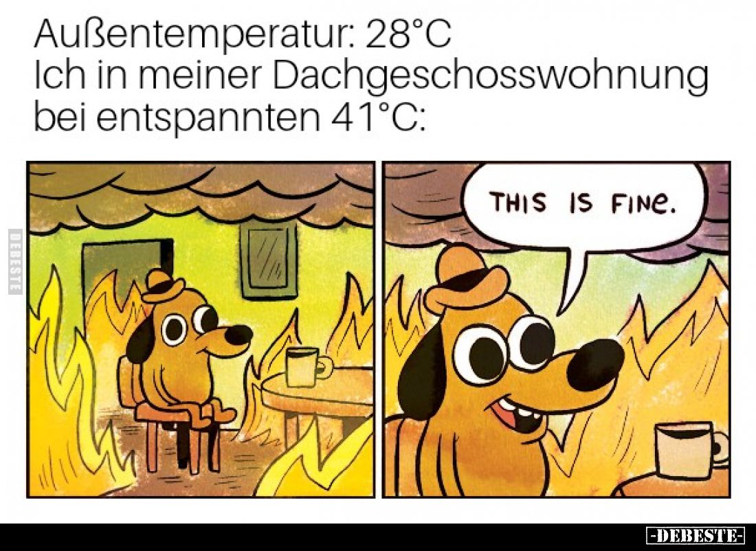 Außentemperatur: 28°C
Ich in meiner Dachgeschosswohnung bei entspannten 41°C:
This is fine.