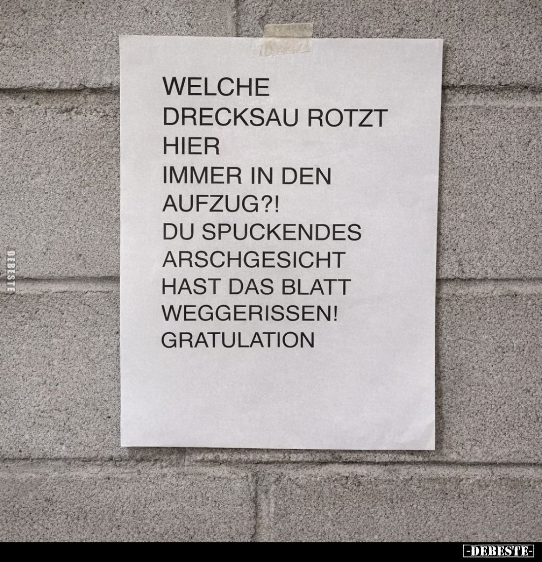 Welche Drecksau rotzt hier immer in den Aufzug?! -
Du spuckendes Arschgesicht hast das Blatt weggerissen! -
Gratulation.