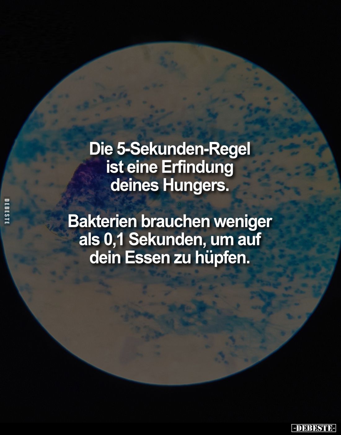 Die 5-Sekunden-Regel ist eine Erfindung deines Hungers.

Bakterien brauchen weniger als 0,1 Sekunden, um auf dein Essen zu ...