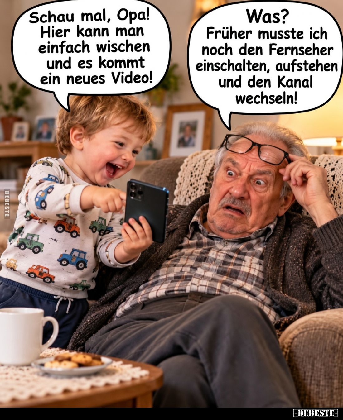 Schau mal, Opa! Hier kann man einfach wischen und es kommt ein neues Video!

Was? Früher musste ich noch den Fernseher eins...