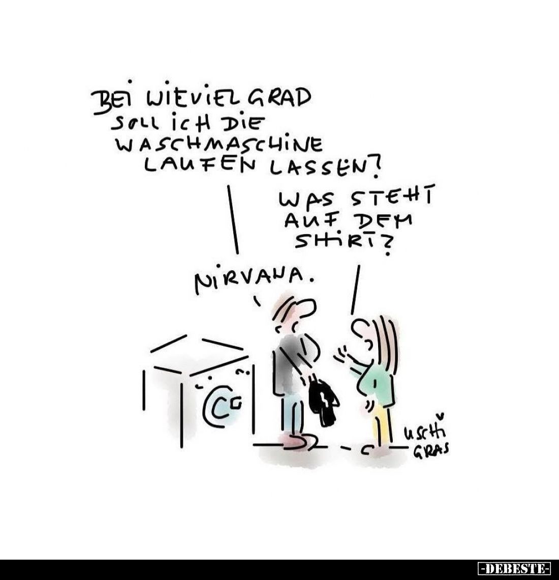 Bei wie viel Grad soll ich die Waschmaschine laufen lassen? -
Was steht auf dem Shirt? -
Nirvana.