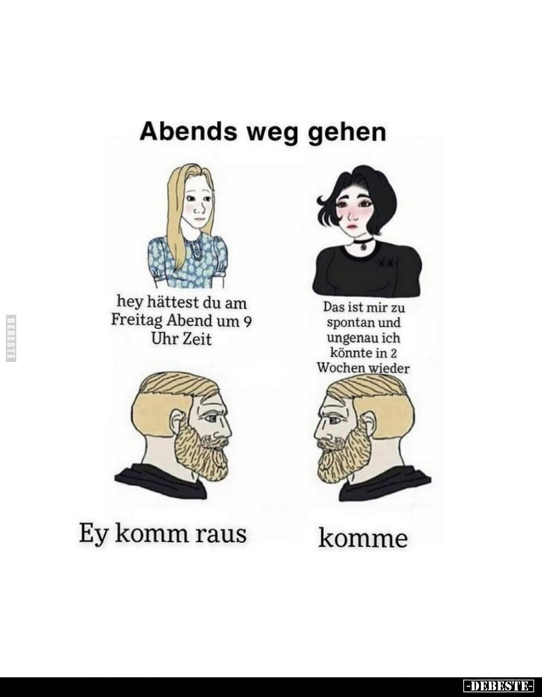 Abends weggehen:
Hey, hättest du am Freitagabend um 9 Uhr Zeit? -
Das ist mir zu spontan und ungenau, ich könnte in 2 Woche...