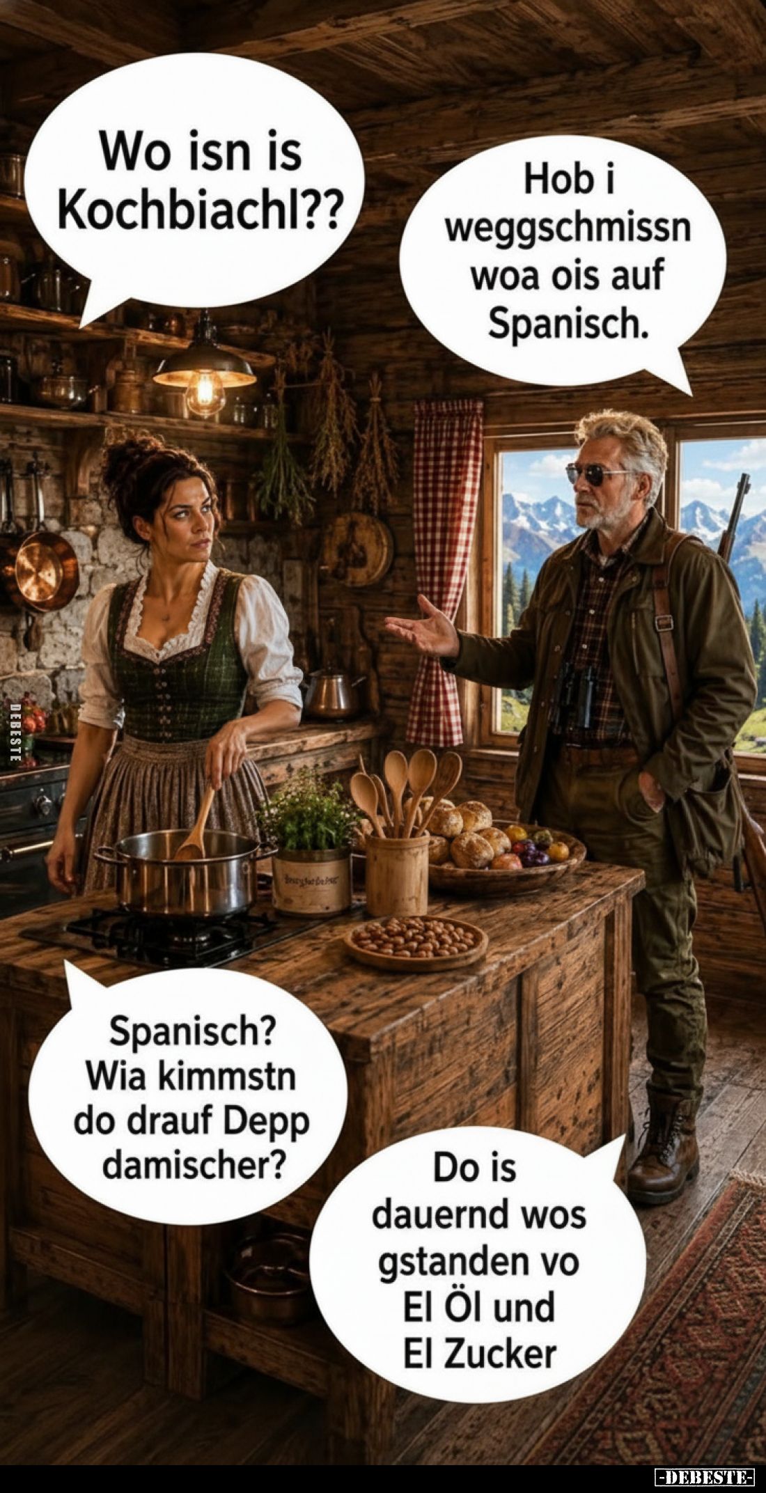 Wo isn is Kochbiachl??
Hob i weggschmissn woa ois auf Spanisch.
Spanisch? Wia kimmstn do drauf Depp damischer?
Do is dauer...