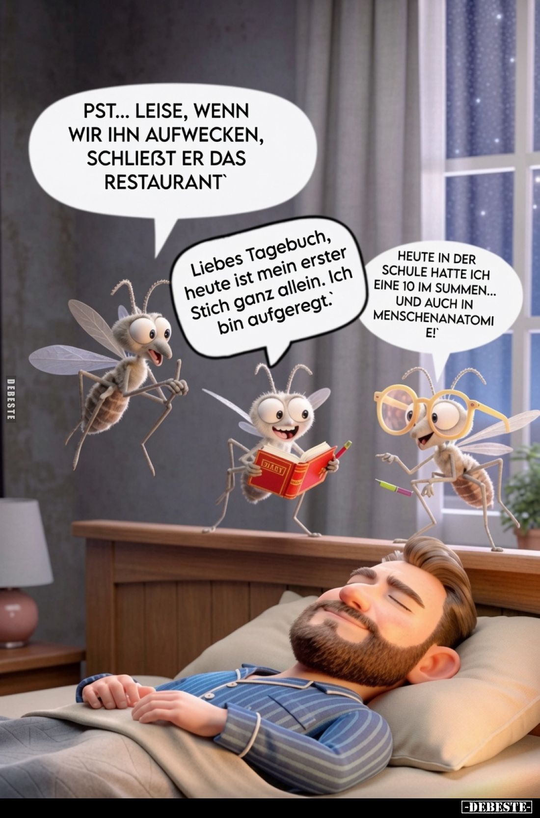 Pst... leise, wenn wir ihn aufwecken, schließt er das Restaurant.
Liebes Tagebuch, heute ist mein erster Stich ganz allein. ...