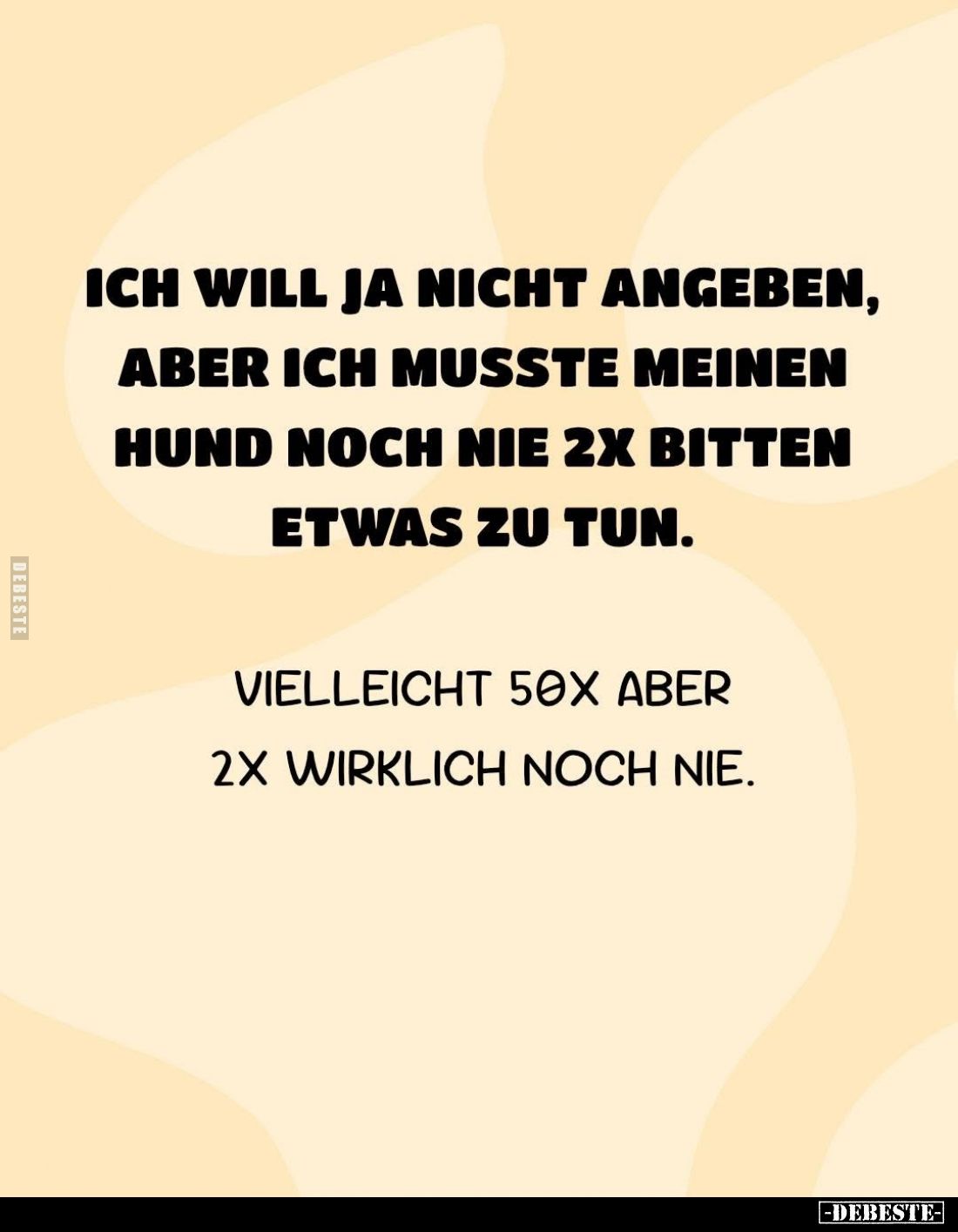 Ich will ja nicht angeben, aber ich musste meinen Hund noch nie 2x bitten etwas zu tun.
Vielleicht 50x aber 2x wirklich noch...