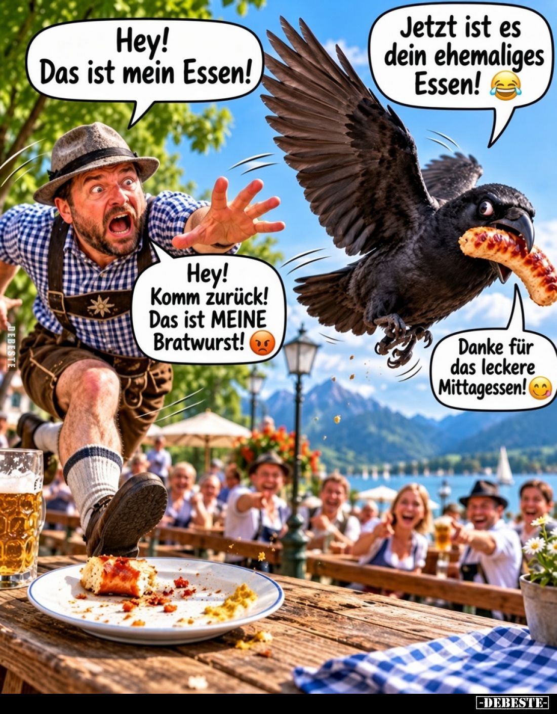 Hey! Das ist mein Essen!
-
Jetzt ist es dein ehemaliges Essen!
-
Hey! Komm zurück! Das ist MEINE Bratwurst!
-
Danke für...