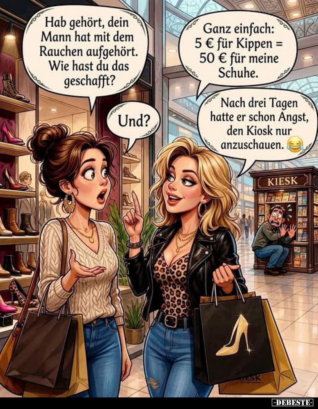 Hab gehört, dein Mann hat mit dem Rauchen aufgehört. Wie hast du das geschafft?
-
Ganz einfach: 5 € für Kippen = 50 € für m...