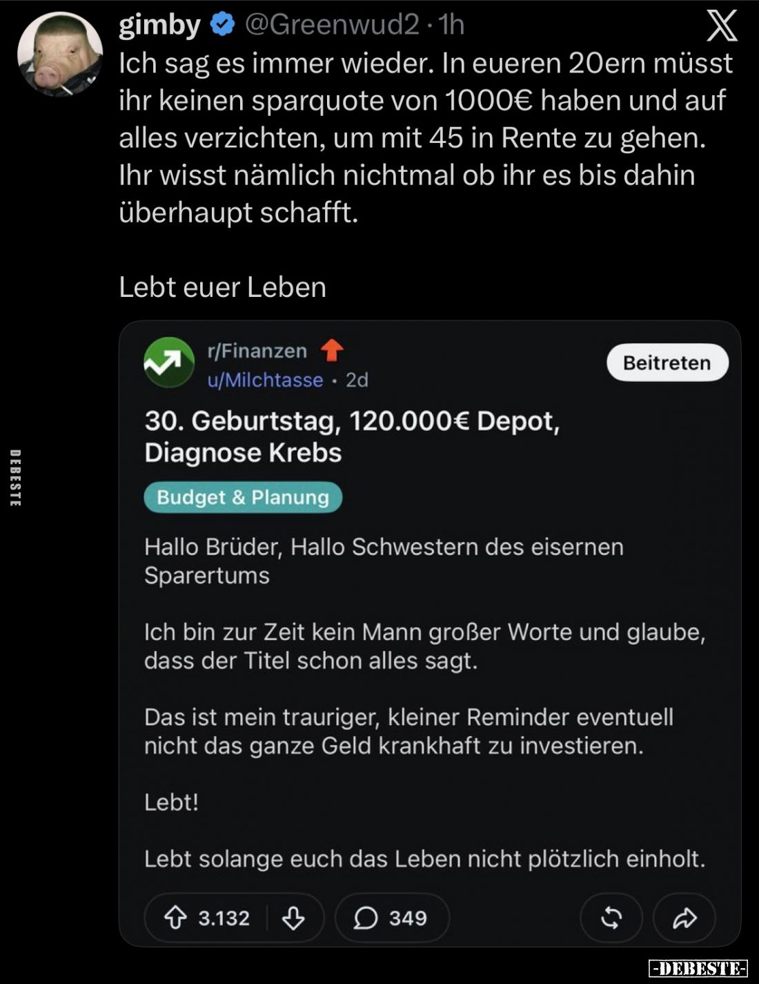 Ich sag es immer wieder. In eueren 20ern müsst ihr keinen sparquote von 1000€ haben und auf alles verzichten, um mit 45 in Re...