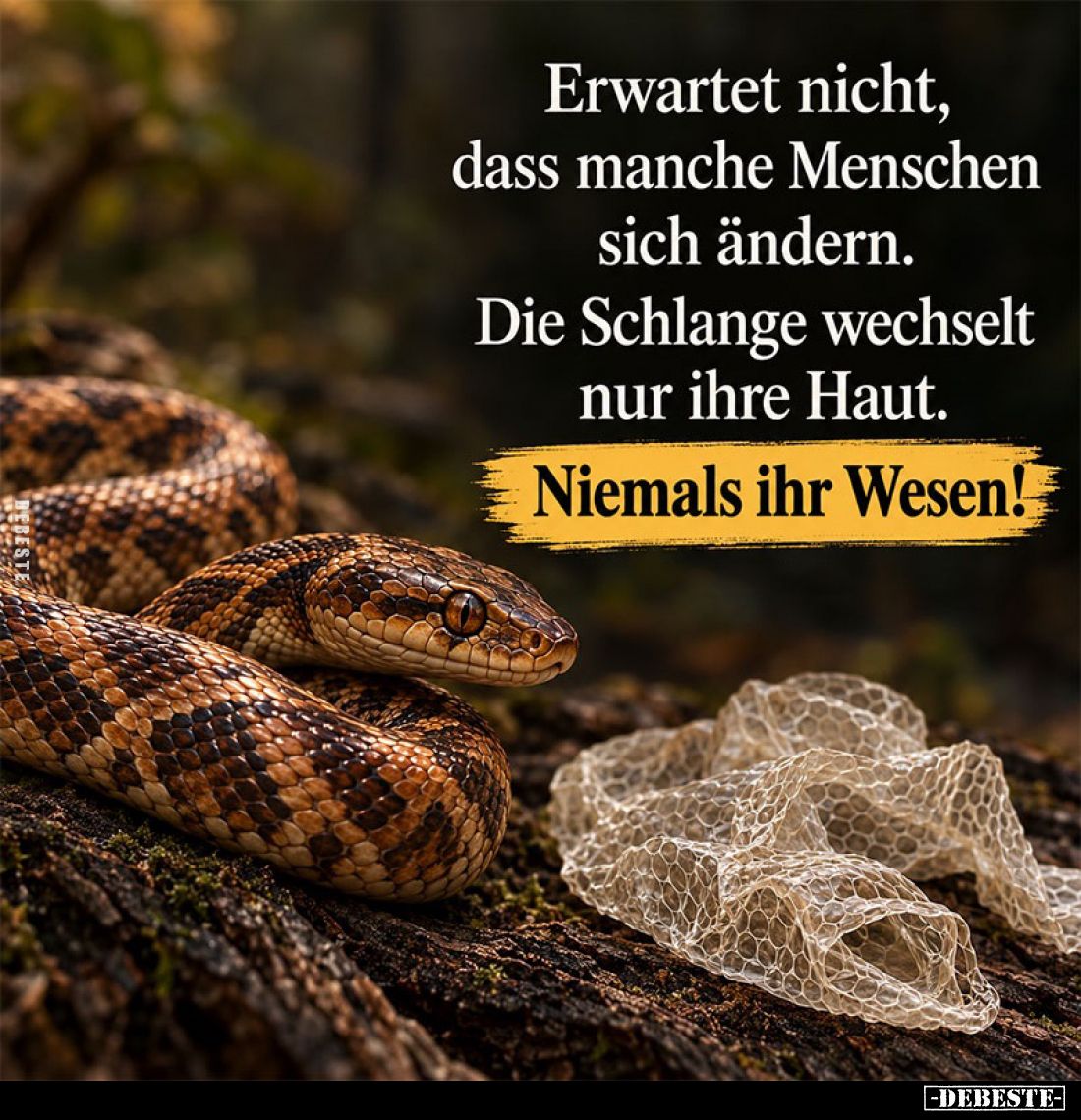 Erwartet nicht, dass manche Menschen sich ändern.
Die Schlange wechselt nur ihre Haut.
Niemals ihr Wesen!