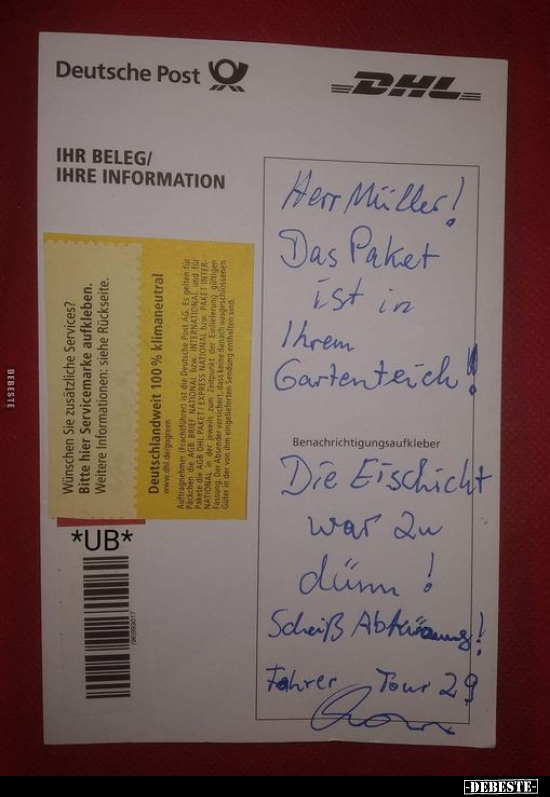 Herr Müller! Das Paket ist in Ihrem Gartenteich!.. - Lustige Bilder | DEBESTE.de