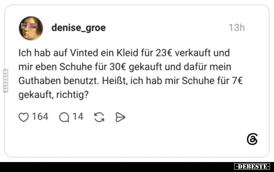 Ich hab auf Vinted ein Kleid für 23€ verkauft und mir eben Schuhe für 30€ gekauft und dafür mein Guthaben benutzt.
Heißt, ic...