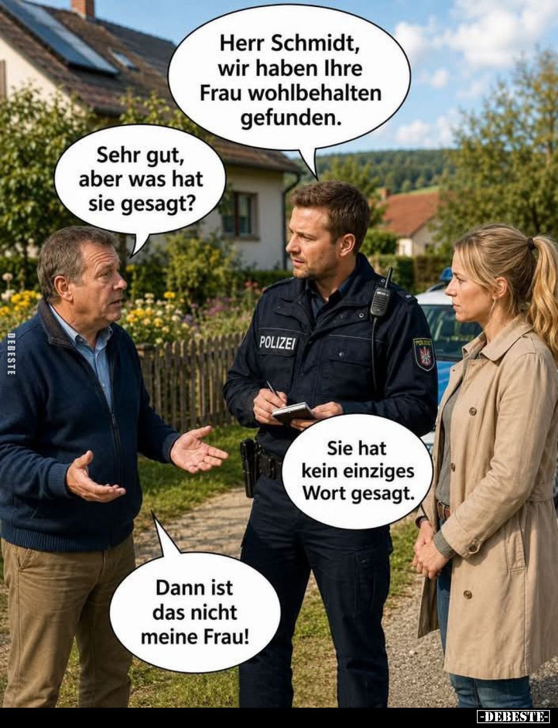 Herr Schmidt, wir haben Ihre Frau wohlbehalten gefunden. -
Sehr gut, aber was hat sie gesagt?
-
Sie hat kein einziges Wort...