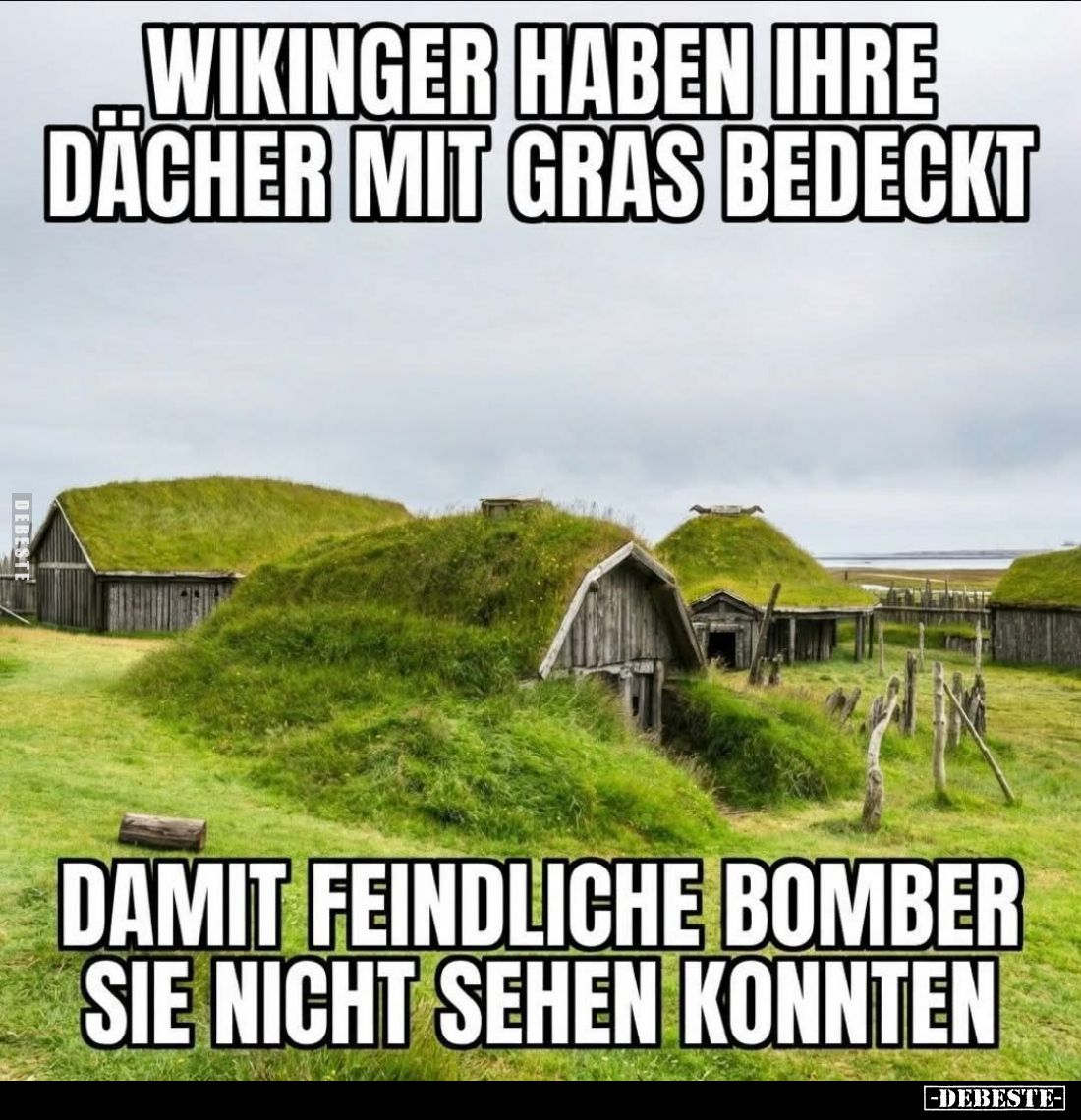 Wikinger haben ihre Dächer mit Gras bedeckt.
Damit feindliche Bomber sie nicht sehen konnten.