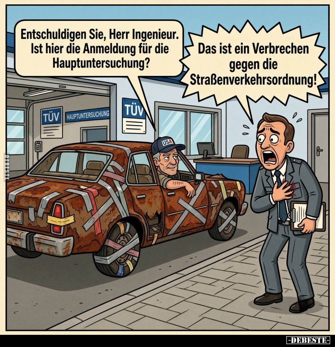 Entschuldigen Sie, Herr Ingenieur. Ist hier die Anmeldung für die Hauptuntersuchung?

Das ist ein Verbrechen gegen die Stra...