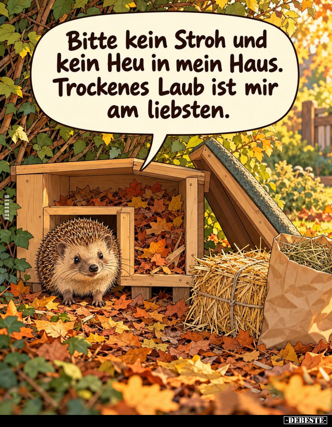 Bitte kein Stroh und kein Heu in mein Haus. Trockenes Laub ist mir am liebsten.