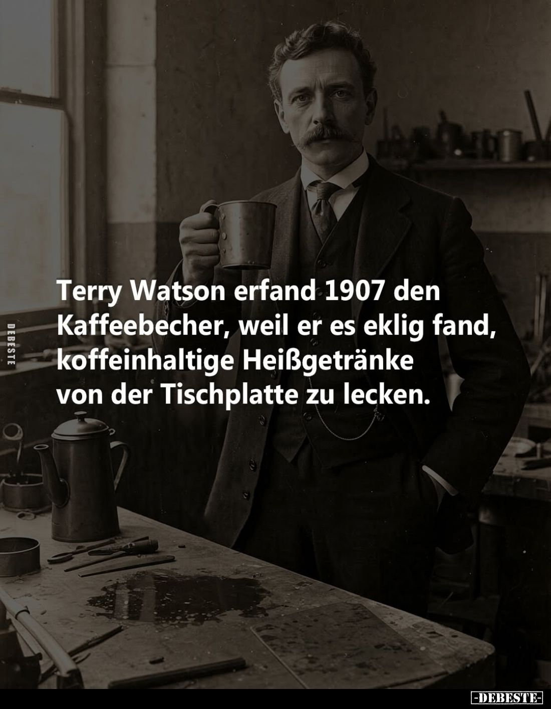 Terry Watson erfand 1907 den Kaffeebecher, weil er es eklig fand, koffeingehaltige Heißgetränke von der Tischplatte zu lecken...