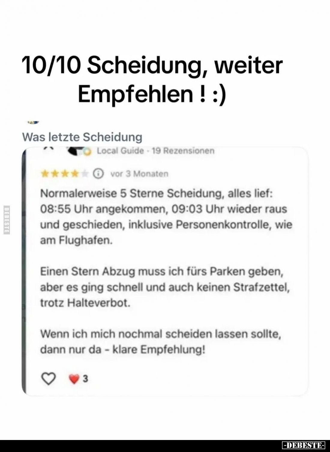10/10 Scheidung, weiter Empfehlen! -
Was letzte Scheidung. -
Normalerweise 5 Sterne Scheidung, alles lief: 08:55 Uhr angek...