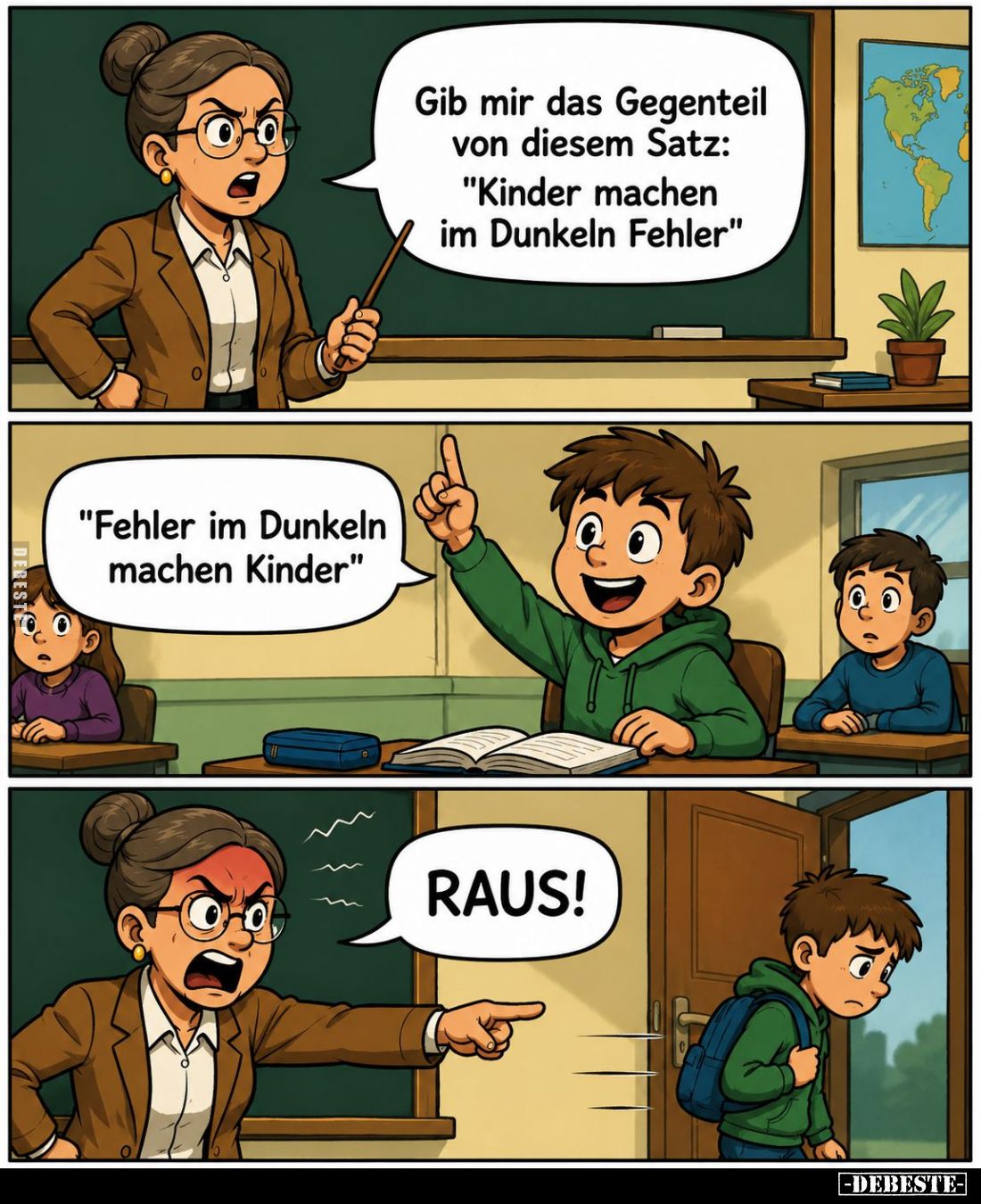 Gib mir das Gegenteil von diesem Satz: "Kinder machen im Dunkeln Fehler." -
"Fehler im Dunkeln machen Kinder....