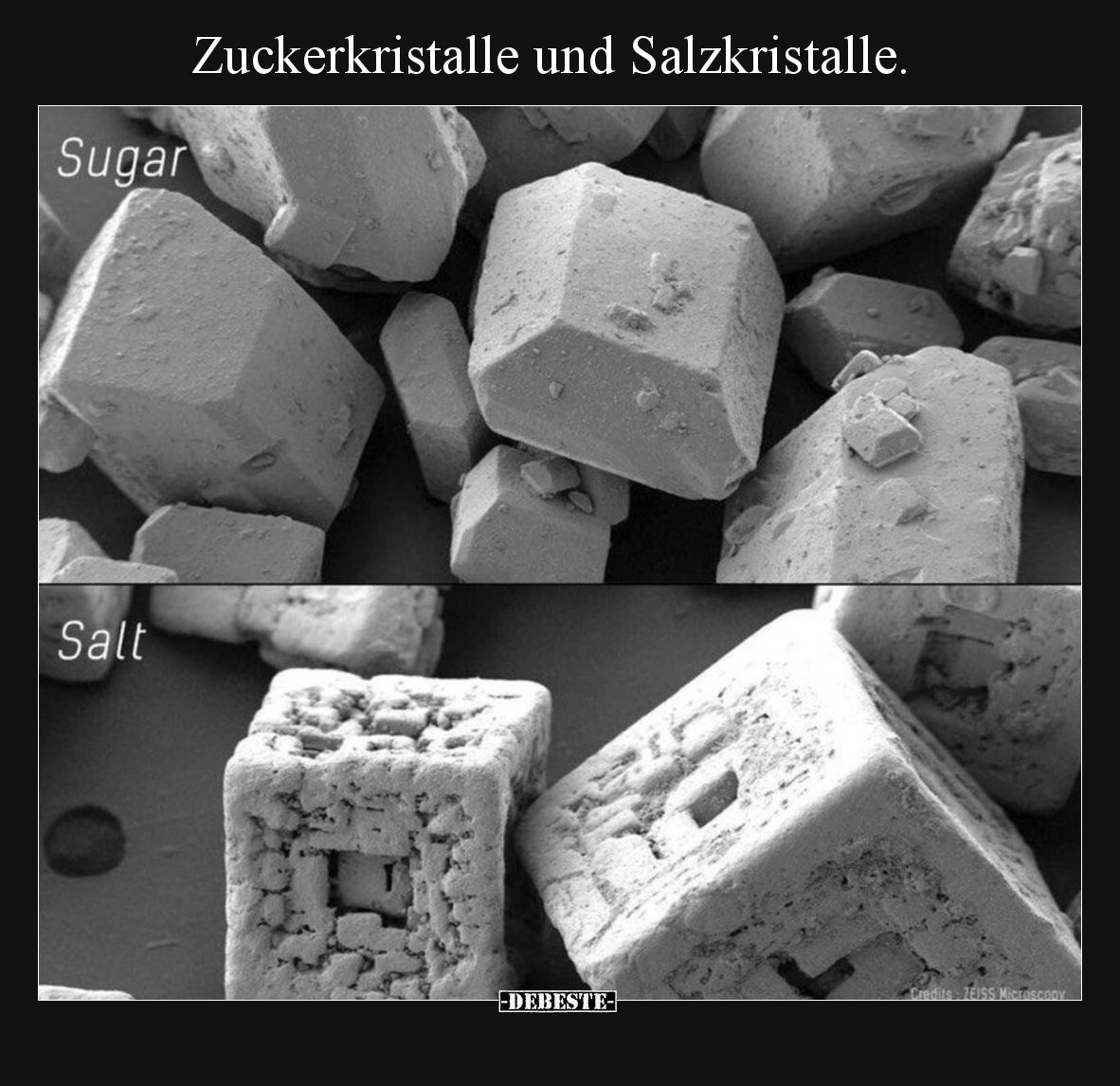Zuckerkristalle und Salzkristalle.