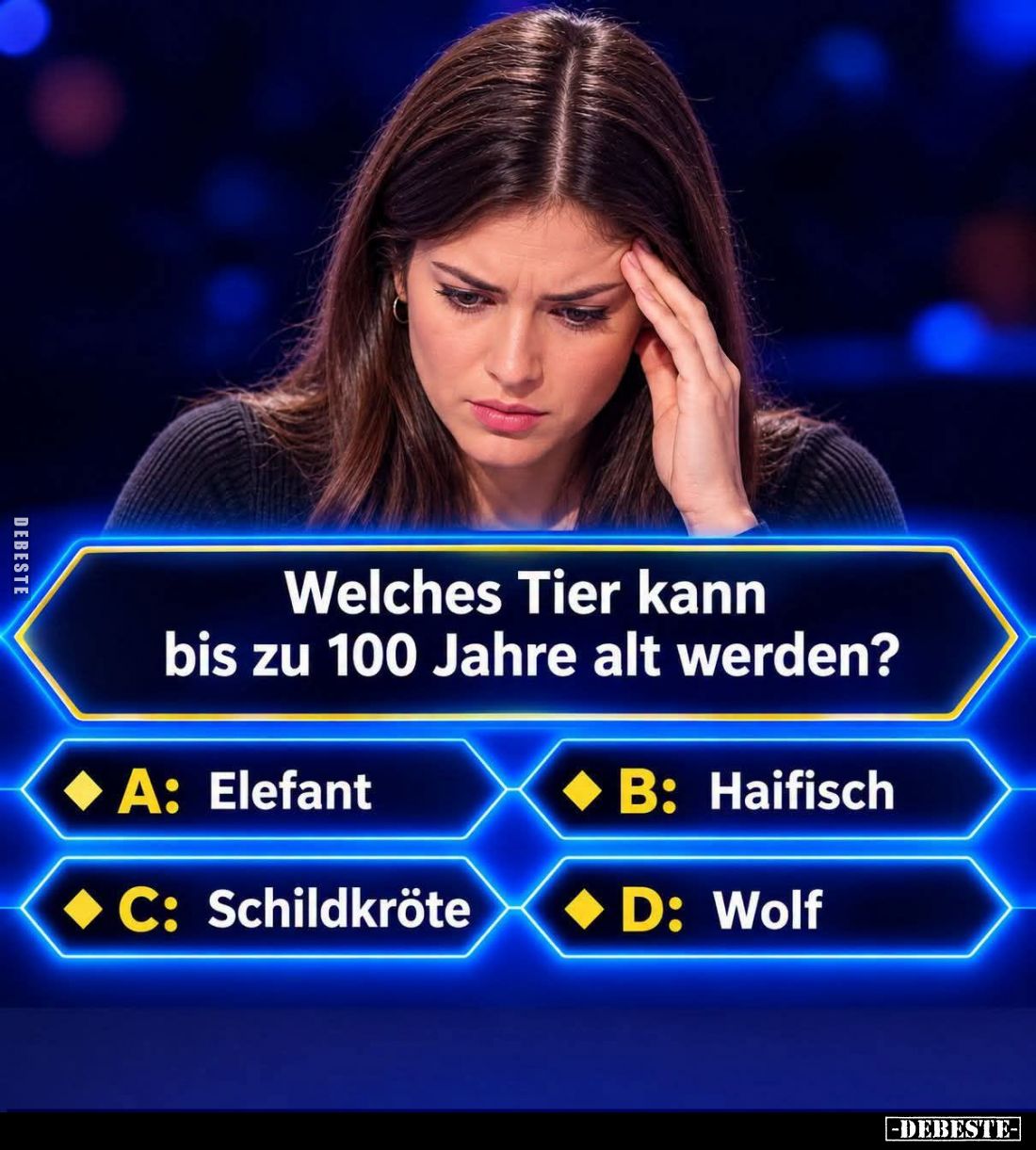 Welches Tier kann
bis zu 100 Jahre alt werden? -
A: Elefant -
B: Haifisch -
C: Schildkröte -
D: Wolf.
