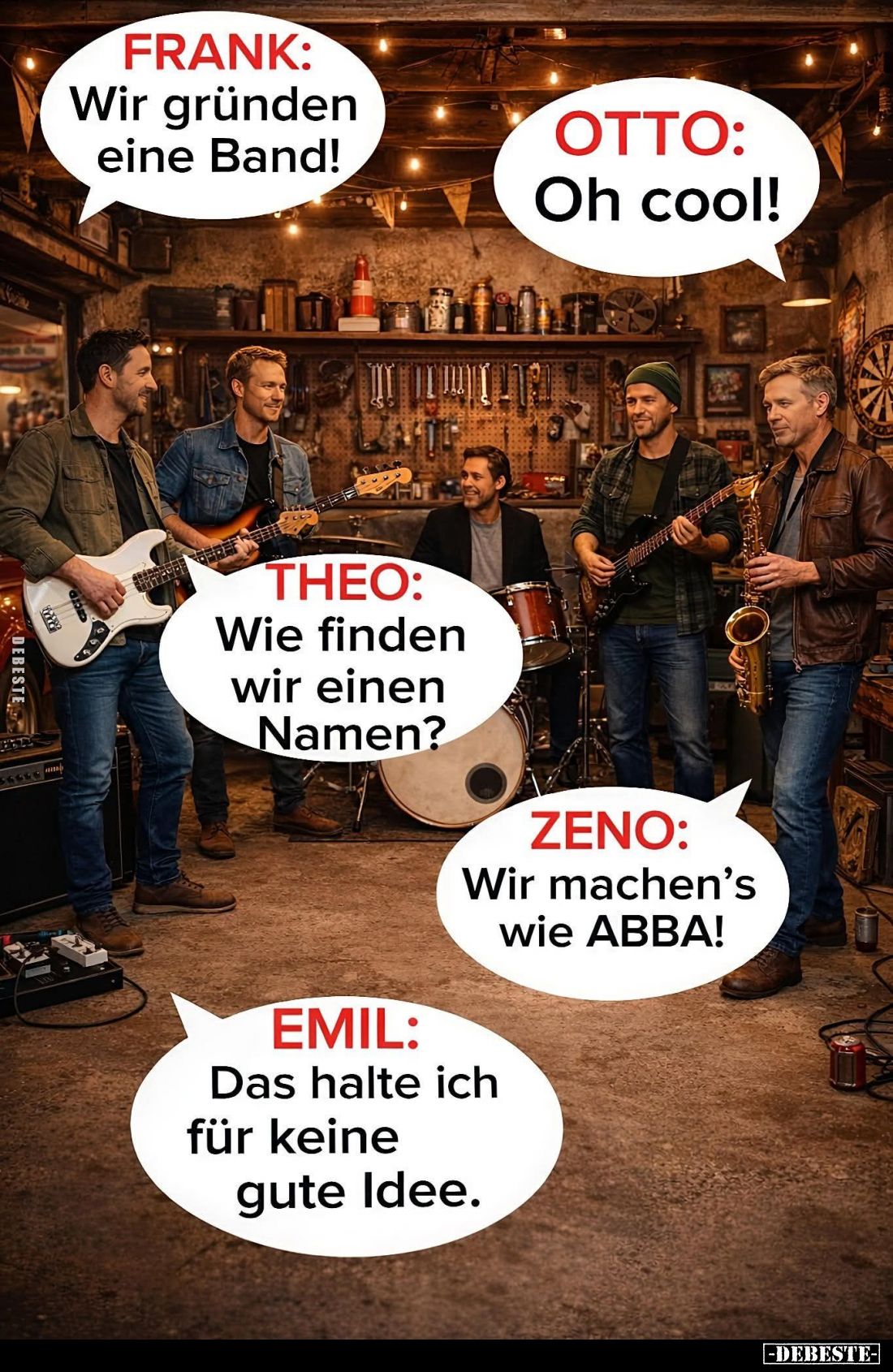 FRANK:
Wir gründen eine Band! -
OTTO:
Oh cool! -
THEO:
Wie finden wir einen Namen? -
ZENO:
Wir machen's wie ABBA! -
E...
