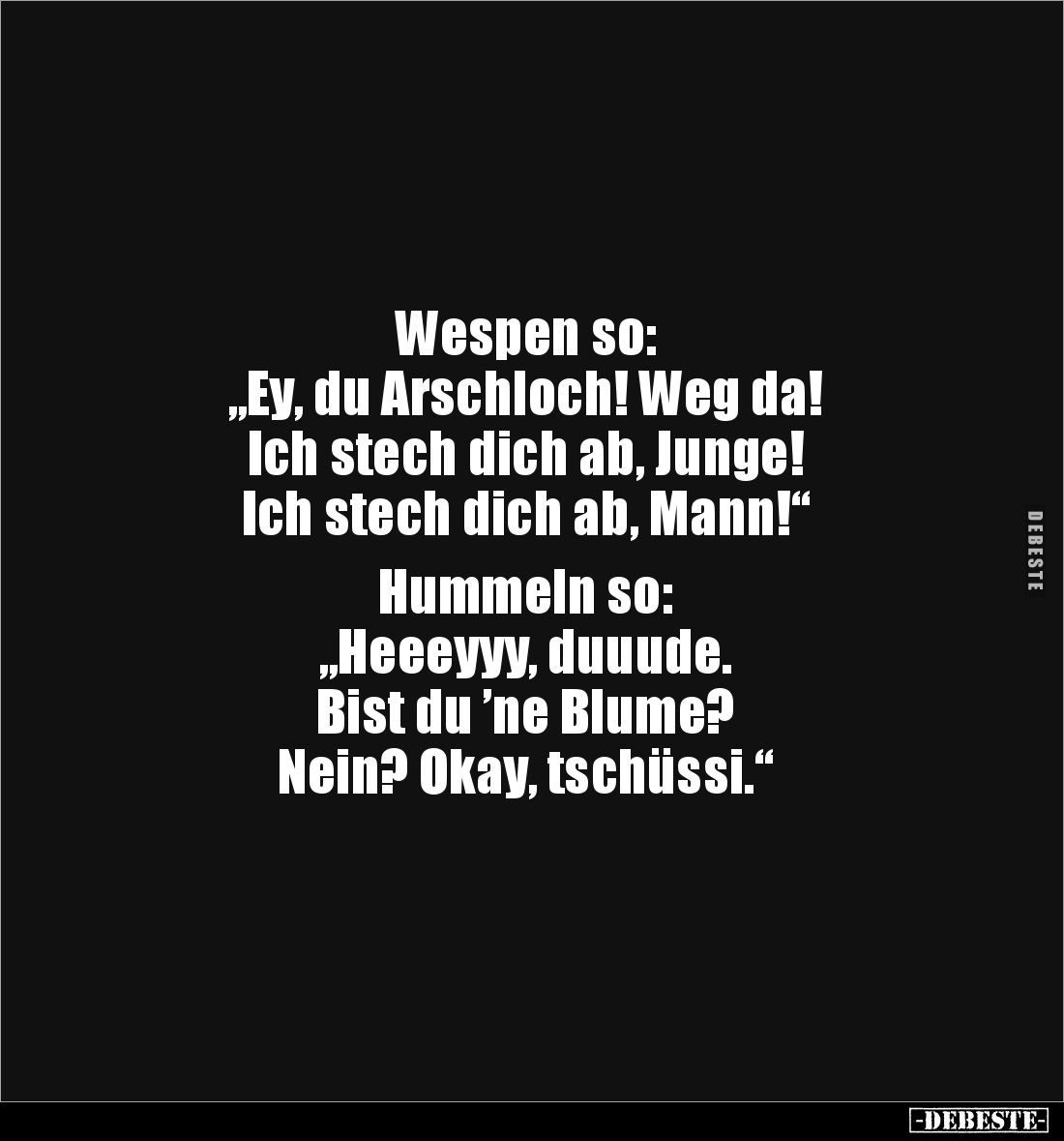 Wespen so:
„Ey, du Arschloch! Weg da!
Ich stech dich ab, Junge!
Ich stech dich ab, Mann!“
Hummeln so:
„Heeeyyy, duuude...