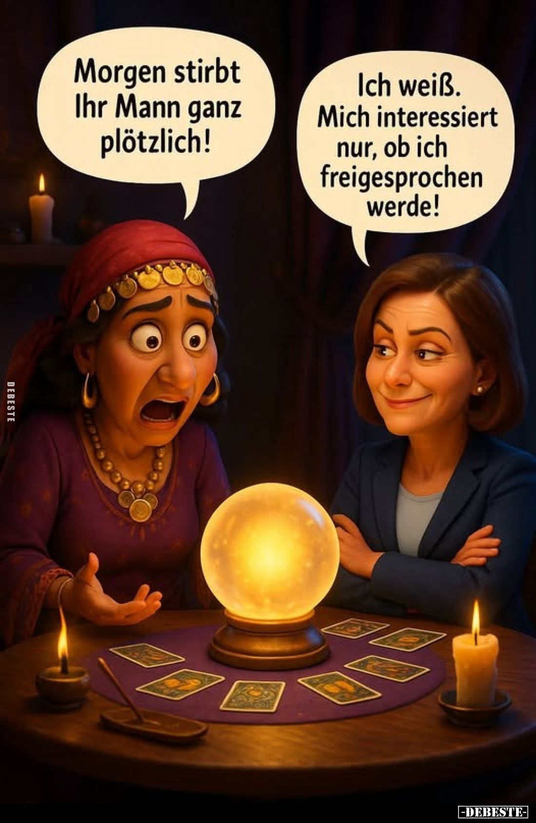 Morgen stirbt Ihr Mann ganz plötzlich!
Ich weiß. Mich interessiert nur, ob ich freigesprochen werde!