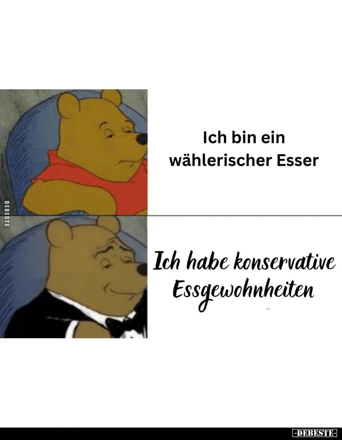 Ich bin ein wählerischer Esser. -
Ich habe konservative Essgewohnheiten.