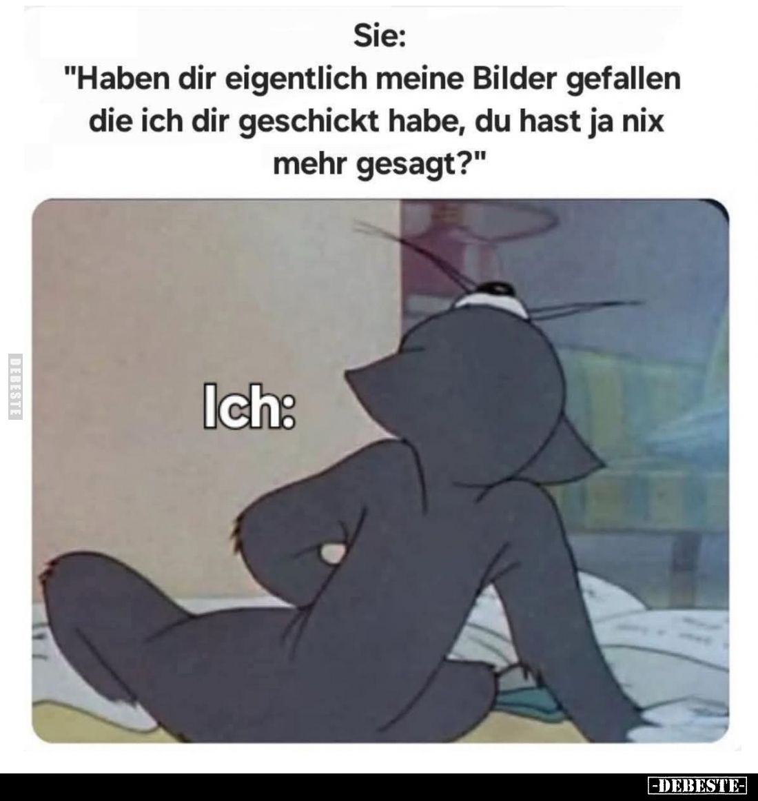 Sie:
"Haben dir eigentlich meine Bilder gefallen die ich dir geschickt habe, du hast ja nix mehr gesagt?"
Ich: