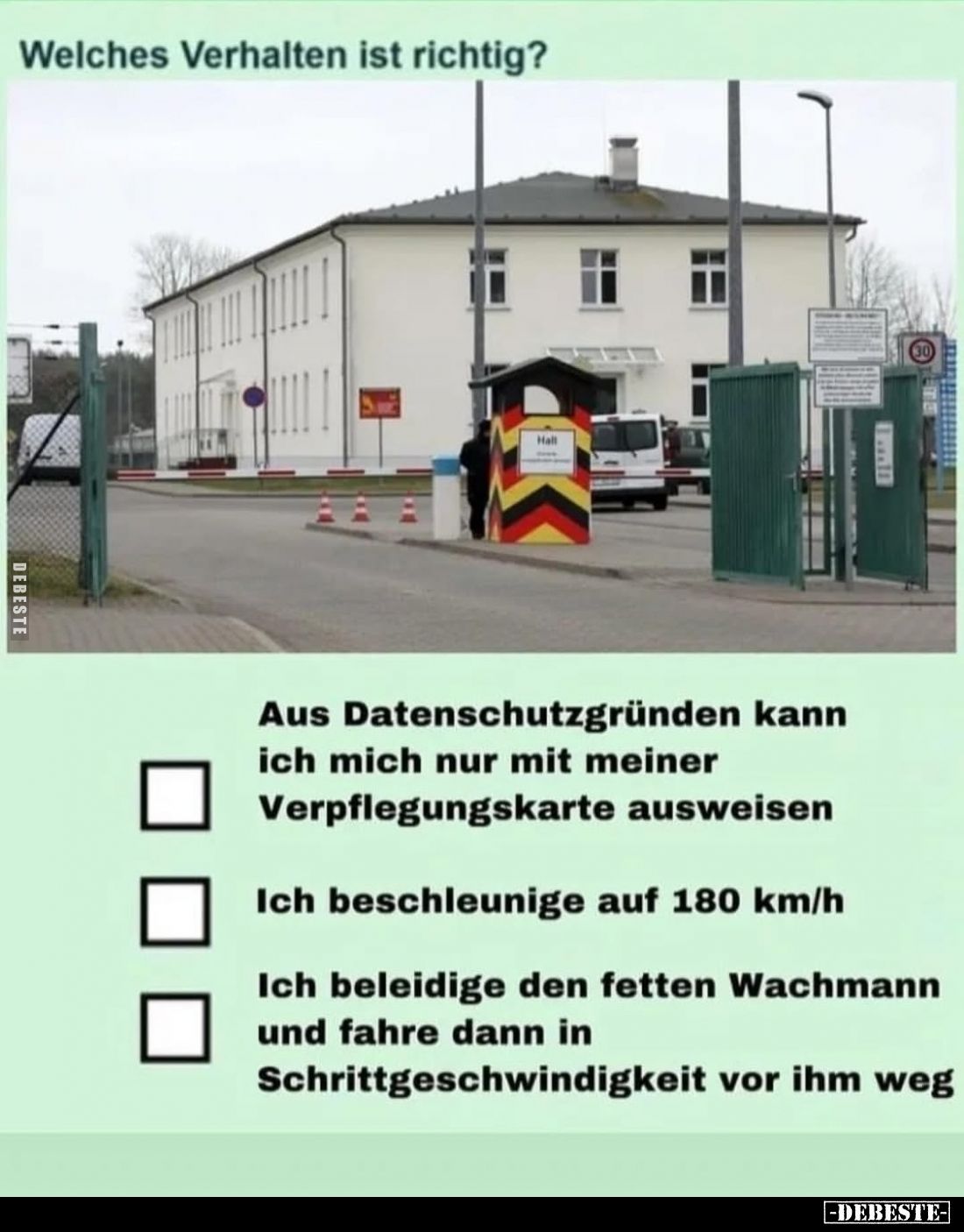 Welches Verhalten ist richtig?
-
Aus Datenschutzgründen kann ich mich nur mit meiner Verpflegungskarte ausweisen
-
Ich be...