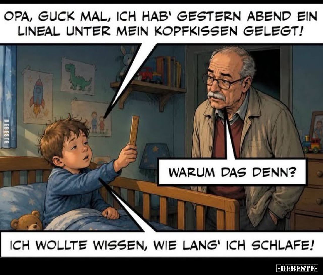 Opa, guck mal, ich hab' gestern Abend ein Lineal unter mein Kopfkissen gelegt!
-
Warum das denn?
-
Ich wollte wissen, wie...