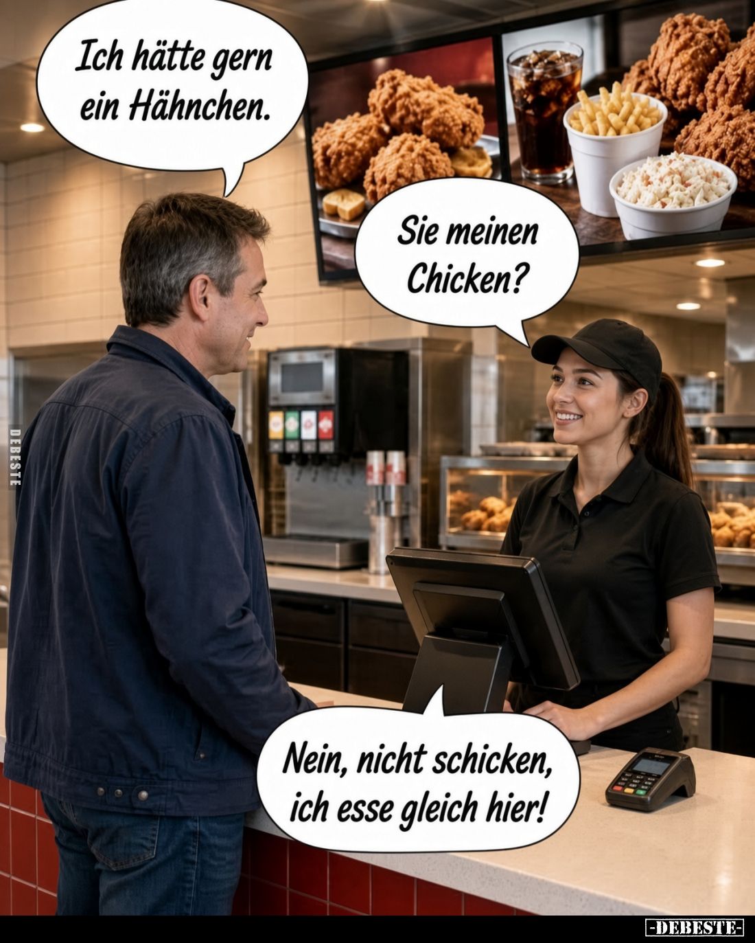 Ich hätte gern ein Hähnchen. - Sie meinen Chicken? -
Nein, nicht schicken, ich esse gleich hier!