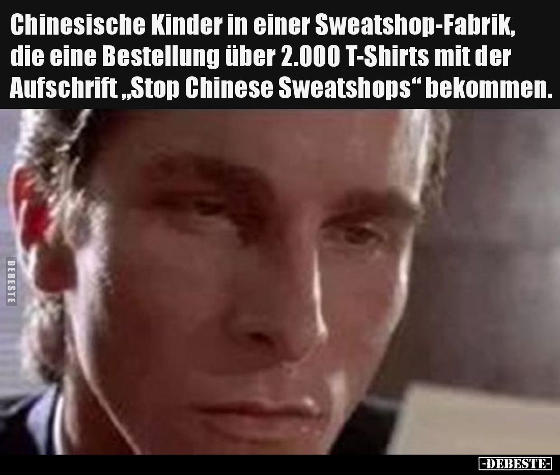 Chinesische Kinder in einer Sweatshop-Fabrik, die eine Bestellung über 2.000 T-Shirts mit der Aufschrift „Stop Chinese Sweats...