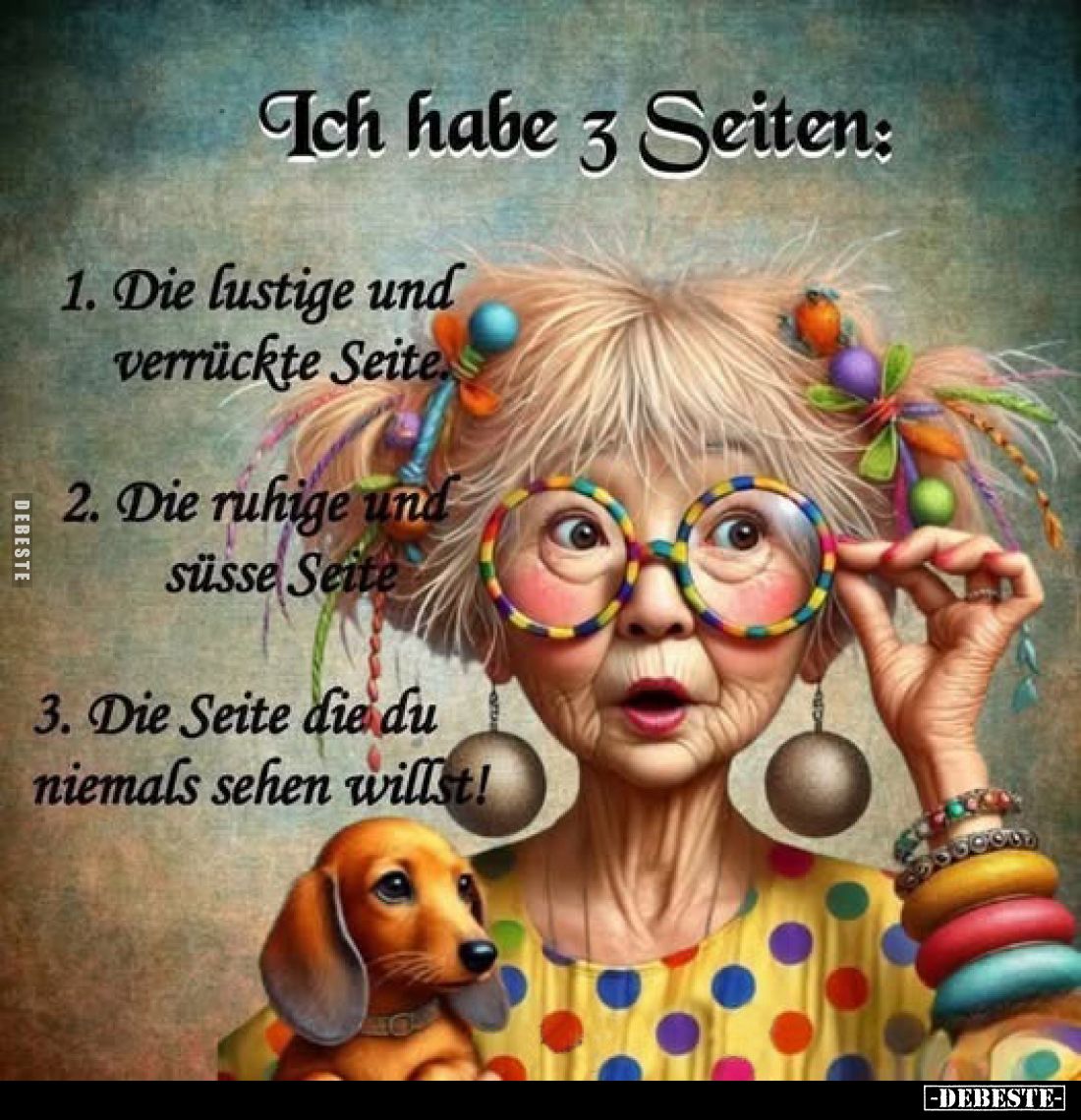 Ich habe 3 Seiten:
1. Die lustige und verrückte Seite.
2. Die ruhige und süsse Seite
3. Die Seite die du niemals sehen wil...