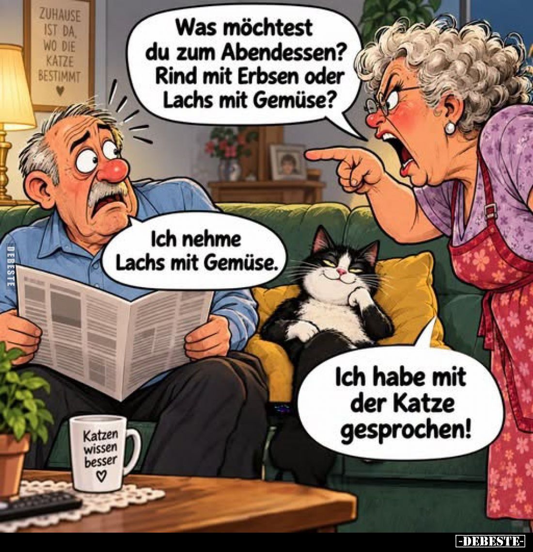 Was möchtest du zum Abendessen? Rind mit Erbsen oder Lachs mit Gemüse?

Ich nehme Lachs mit Gemüse.

Ich habe mit der Kat...