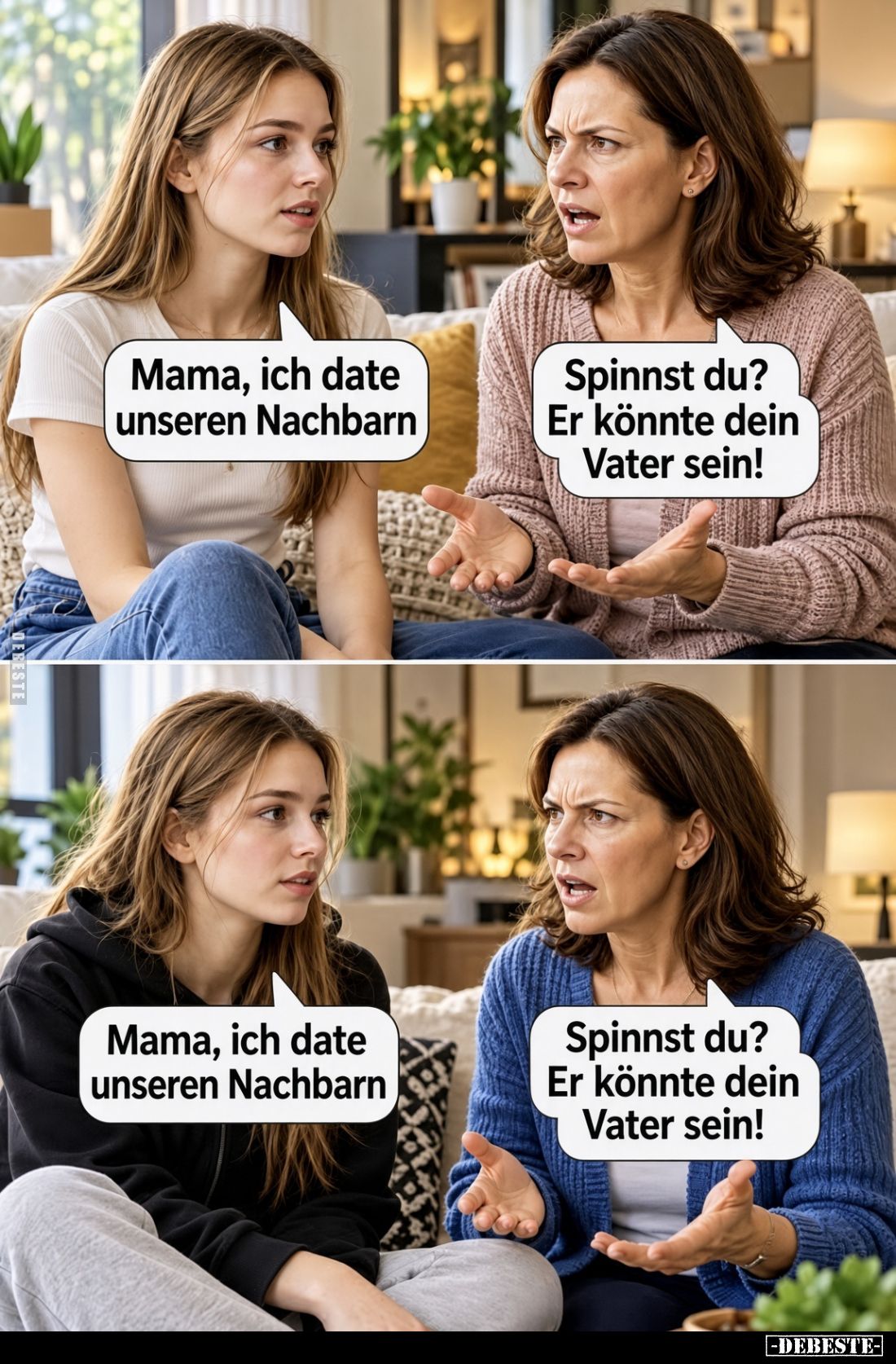 Mama, ich date unseren Nachbarn.
Spinnst du? Er könnte dein Vater sein!
Mama, ich date unseren Nachbarn.
Spinnst du? Er kö...