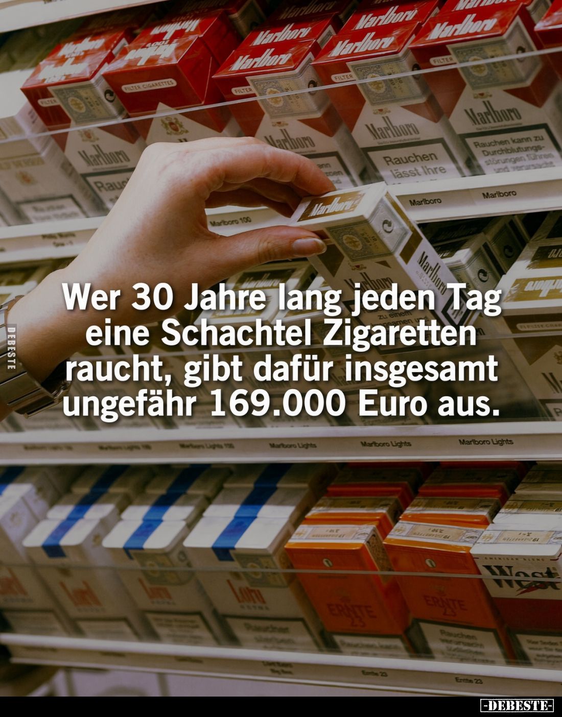 Wer 30 Jahre lang jeden Tag eine Schachtel Zigaretten raucht, gibt dafür insgesamt ungefähr 169.000 Euro aus.