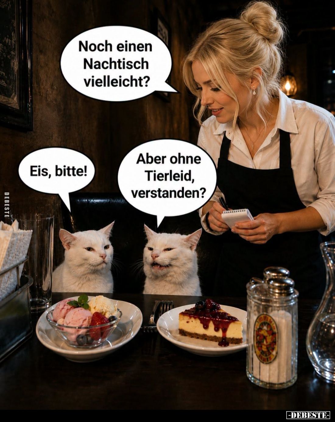 Noch einen Nachtisch vielleicht? -
Eis, bitte! -
Aber ohne Tierleid, verstanden?
