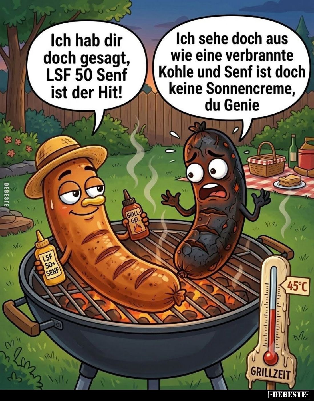 Ich hab dir doch gesagt, LSF 50 Senf ist der Hit! -
Ich sehe doch aus wie eine verbrannte Kohle und Senf ist doch keine Sonn...