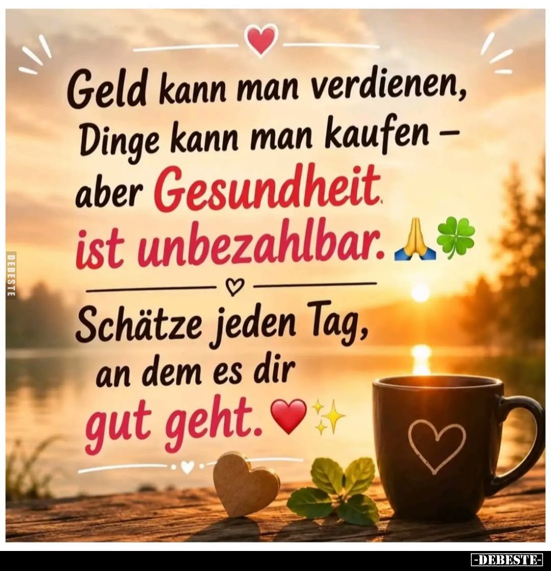 Geld kann man verdienen,
Dinge kann man kaufen –
aber Gesundheit ist unbezahlbar.

Schätze jeden Tag,
an dem es dir gut ...