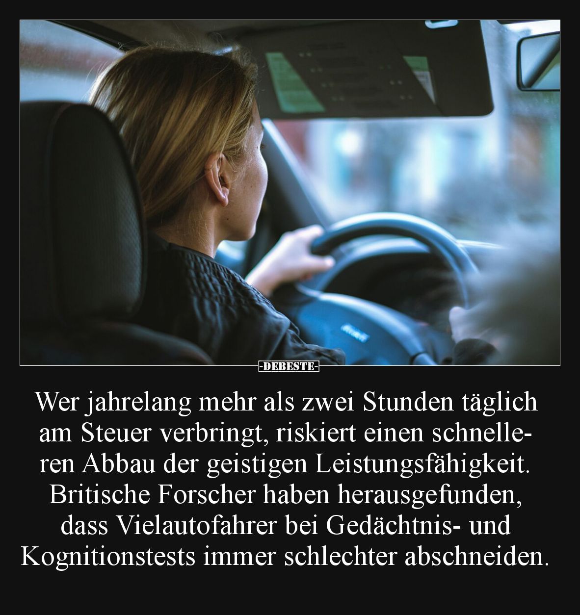 Wer jahrelang mehr als zwei Stunden täglich am Steuer verbringt, riskiert einen schnelleren Abbau der geistigen Leistungsfähi...