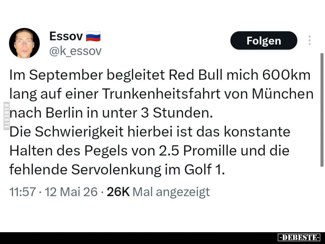 Im September begleitet Red Bull mich 600km lang auf einer Trunkenheitsfahrt von München nach Berlin in unter 3 Stunden.
Die ...