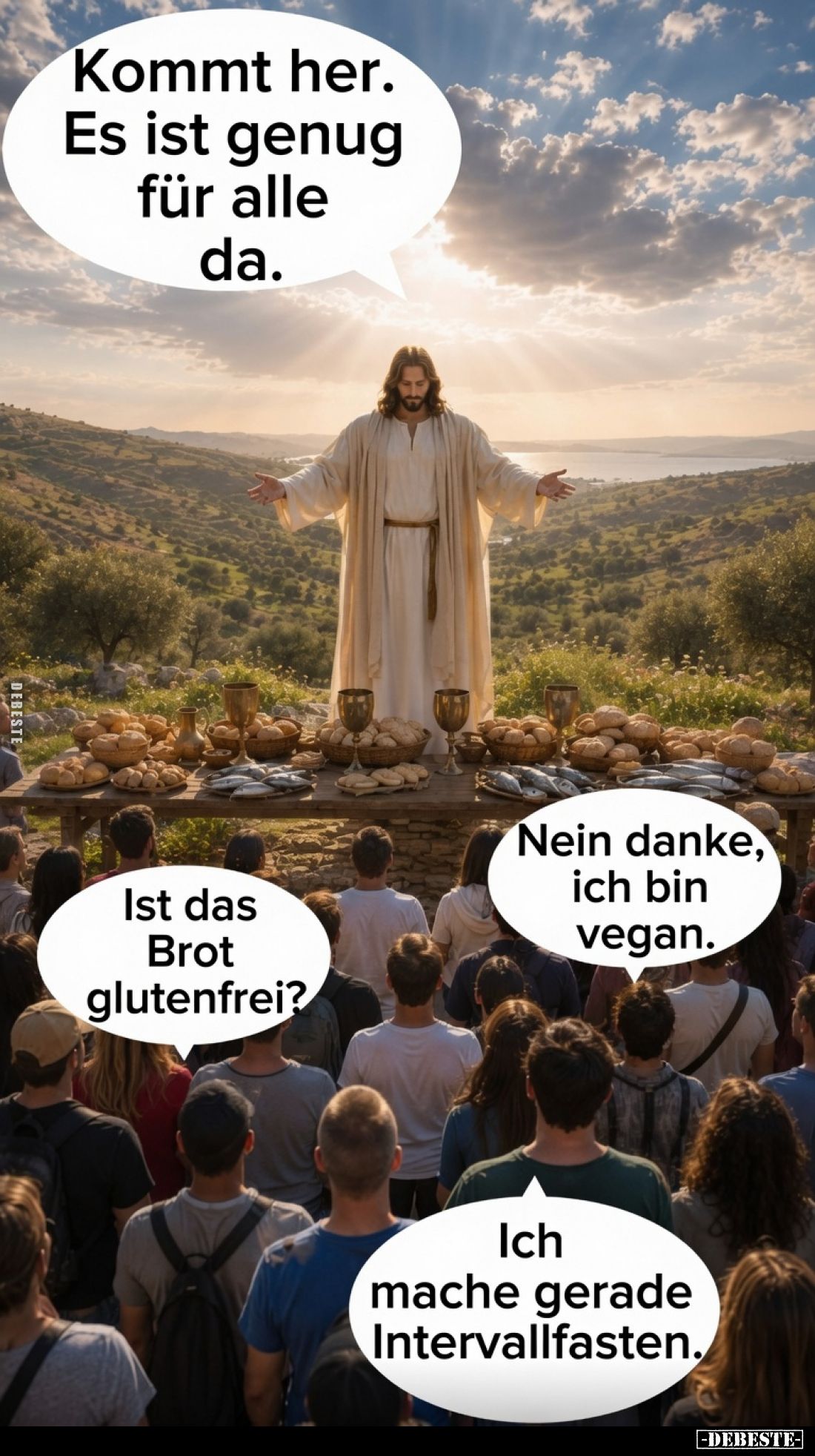 Kommt her. Es ist genug für alle da.
-
Ist das Brot glutenfrei?
-
Nein danke, ich bin vegan.
-
Ich mache gerade Interva...