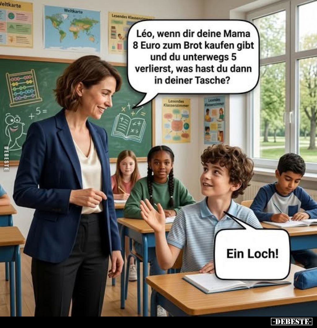 Léo, wenn dir deine Mama 8 Euro zum Brot kaufen gibt und du unterwegs 5 verlierst, was hast du dann in deiner Tasche?
-
Ein...