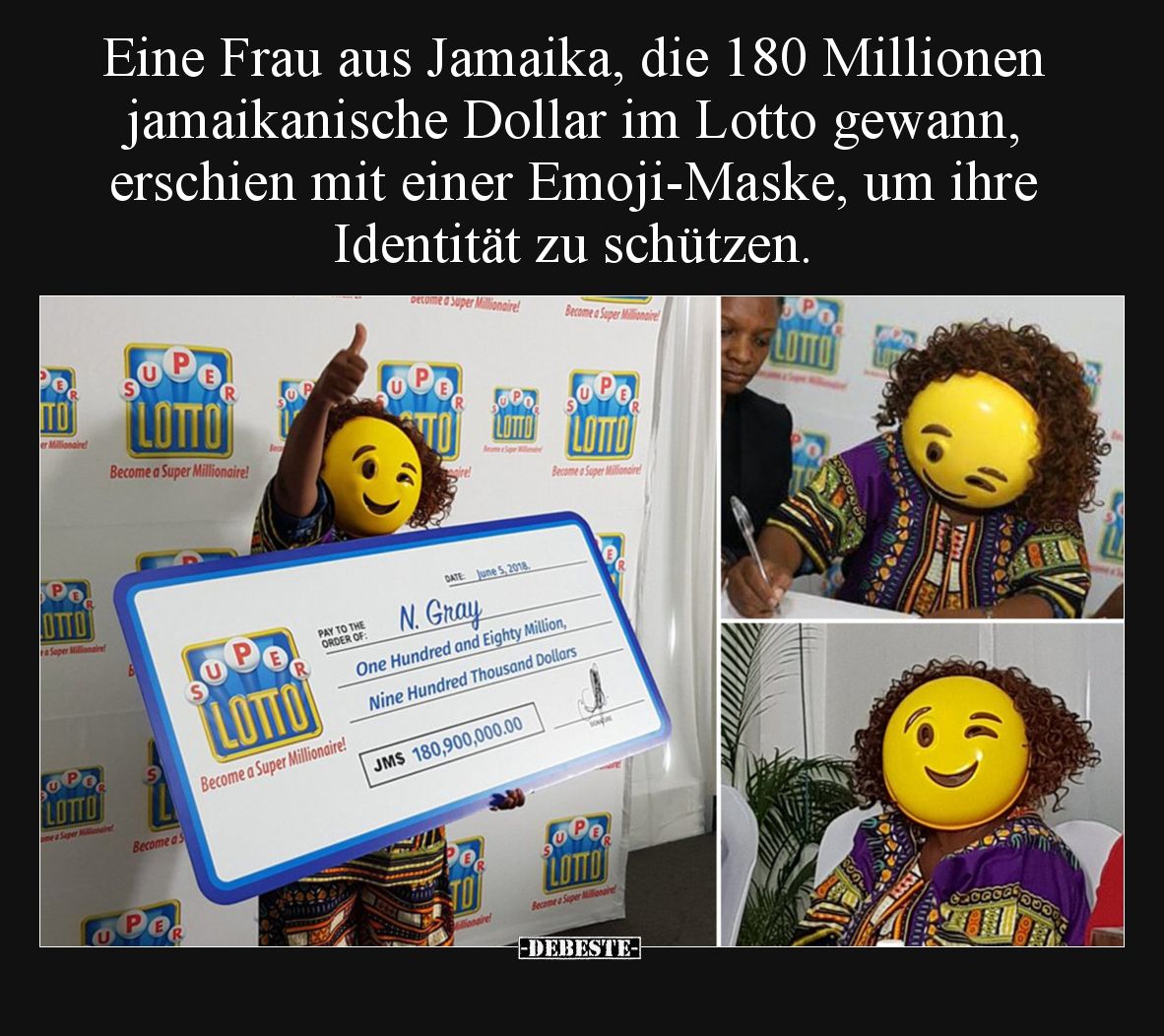 Eine Frau aus Jamaika, die 180 Millionen jamaikanische Dollar im Lotto gewann, erschien mit einer Emoji-Maske, um ihre Identi...