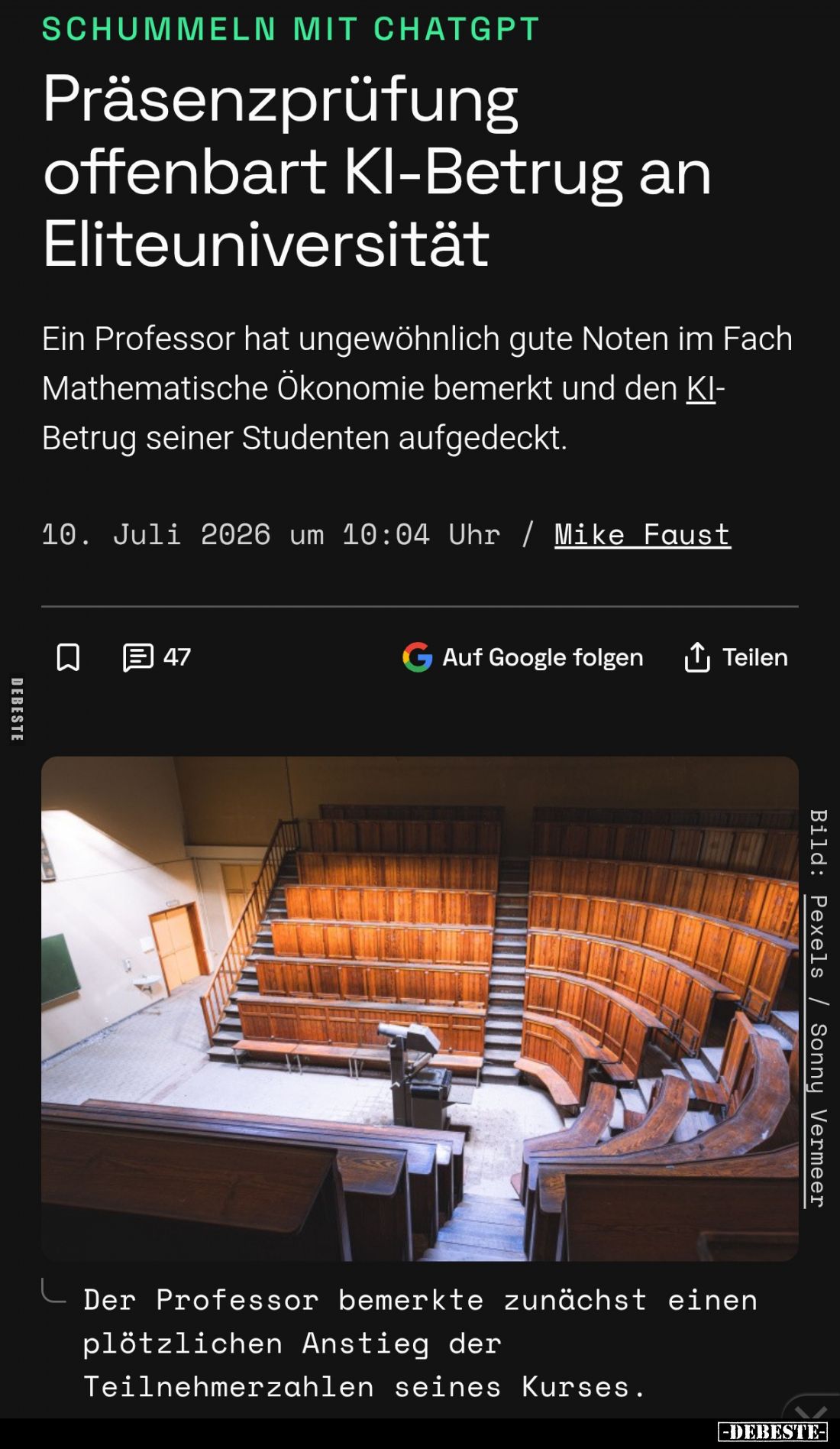 SCHUMMELN MIT CHATGPT.

Präsenzprüfung offenbart KI-Betrug an Eliteuniversität.

Ein Professor hat ungewöhnlich gute Note...