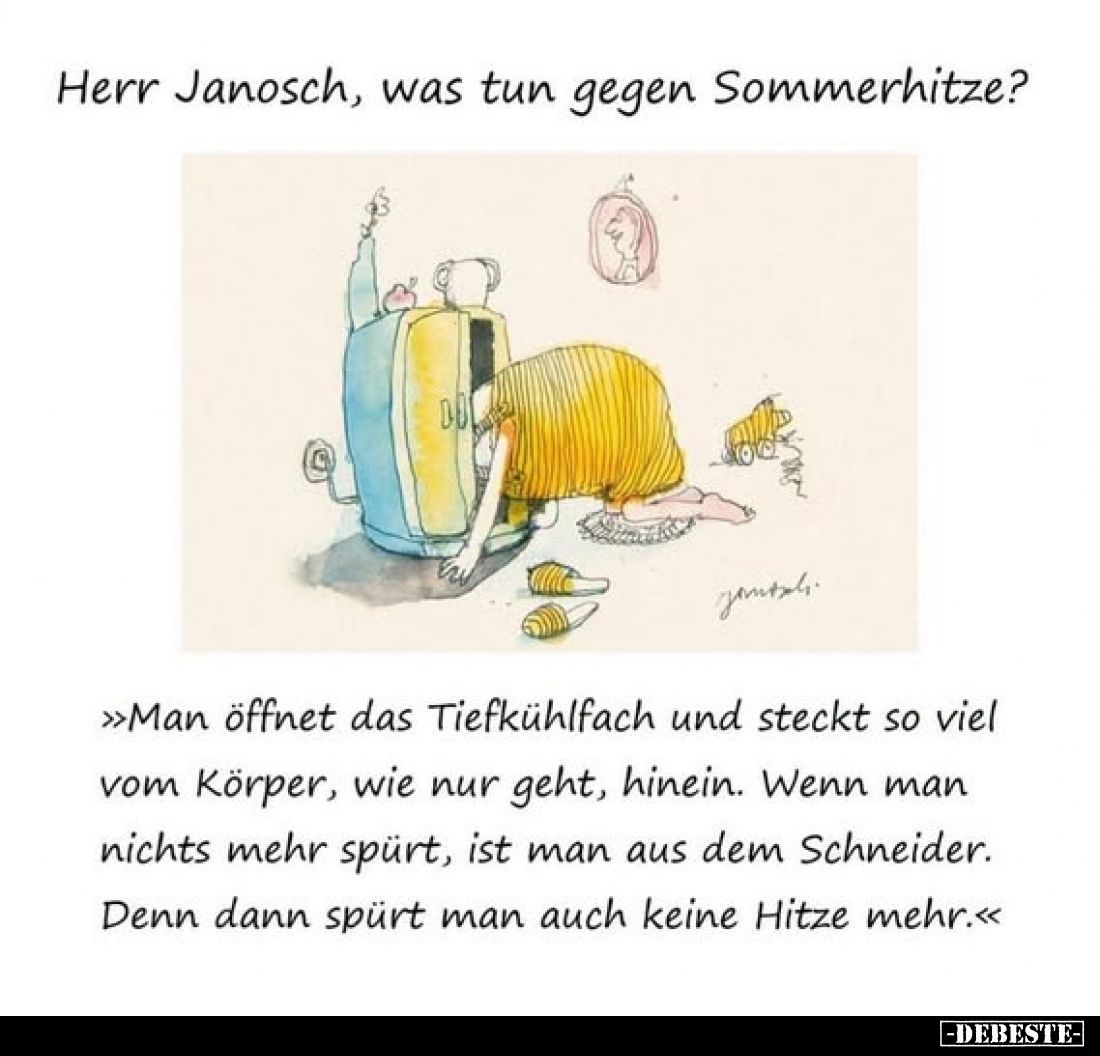 Herr Janosch, was tun gegen Sommerhitze?
-
>>Man öffnet das Tiefkühlfach und steckt so viel vom Körper, wie nur geht,...